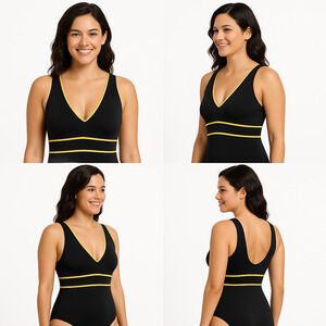 Croft Barrow Navy With Yellow Trim V Neck Sleeveless One Piece Swimsuit
